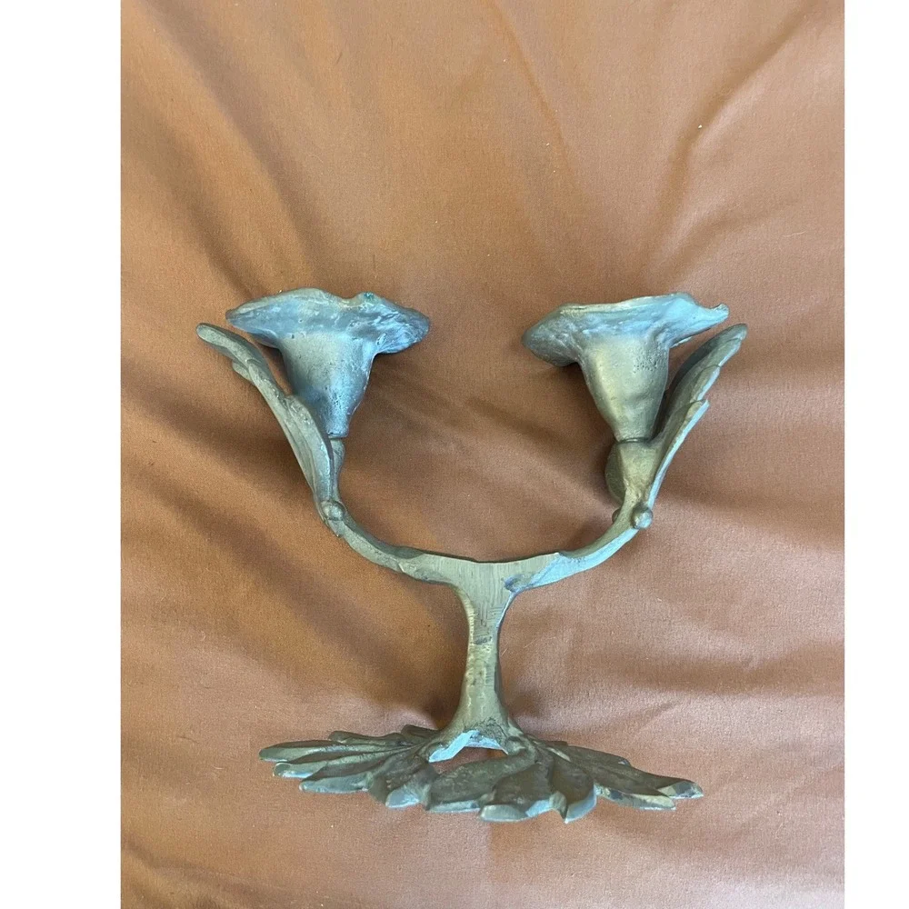 Vintage Brass Double‎ Lily Candelabra Art Nouveau Floral Taper Candle Holder